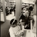 Amber, Staci and Maria in the old computer room, mid 1980s