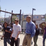 Steve Morris engaging with Middle School students, check out our former playground in the background!